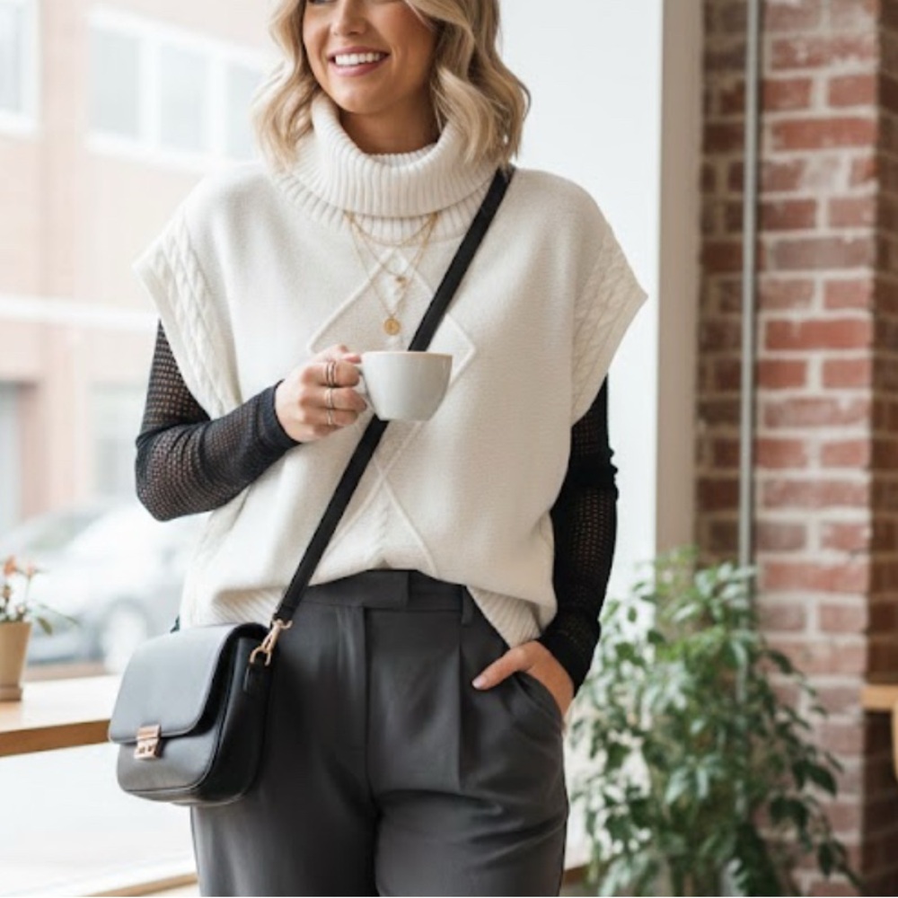 GM Fashion White Turtleneck Knit Oversized Sweater Women’s Sz One Size‎